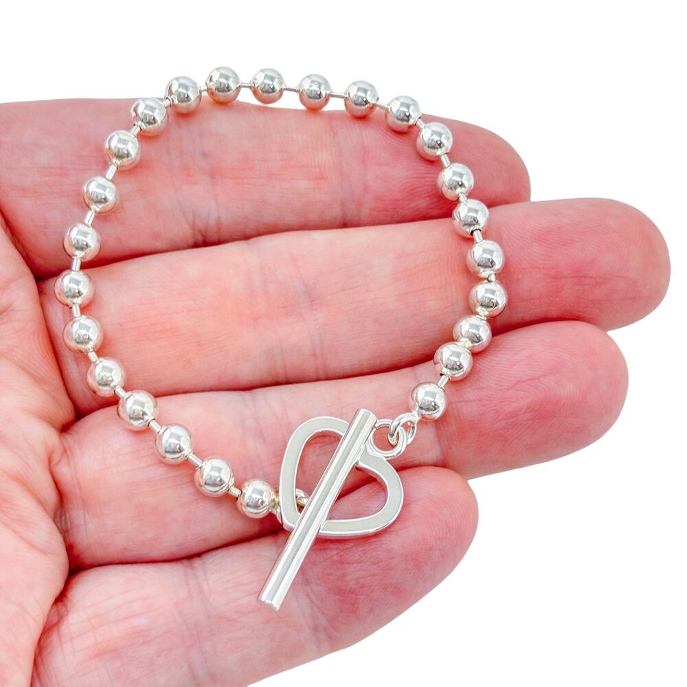 Vintage Italy Sterling Silver 925 Beaded Heart Toggle Bracelet 7"